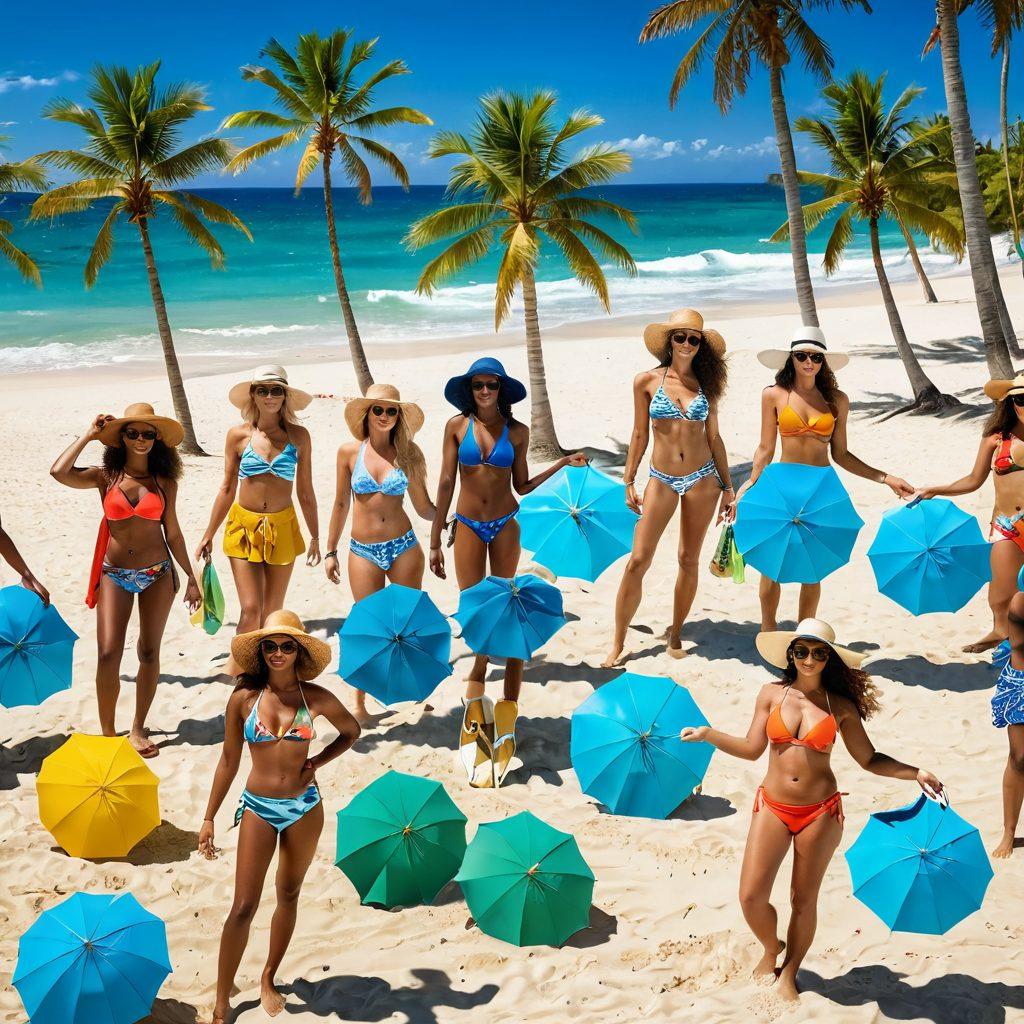 A vibrant beach scene showcasing a diverse group of people wearing the latest swim fashion trends, including bikinis and chic beachwear. Lush tropical palm trees and golden sand evoke a sense of summertime fun, while stylish beach accessories like hats, sunglasses, and beach bags enhance the look. Capture the essence of relaxation and excitement around beachside activities, with a sunlit backdrop and gentle waves lapping the shore. Add a splash of color and energy to the scene. super-realistic. vibrant colors. summer theme.