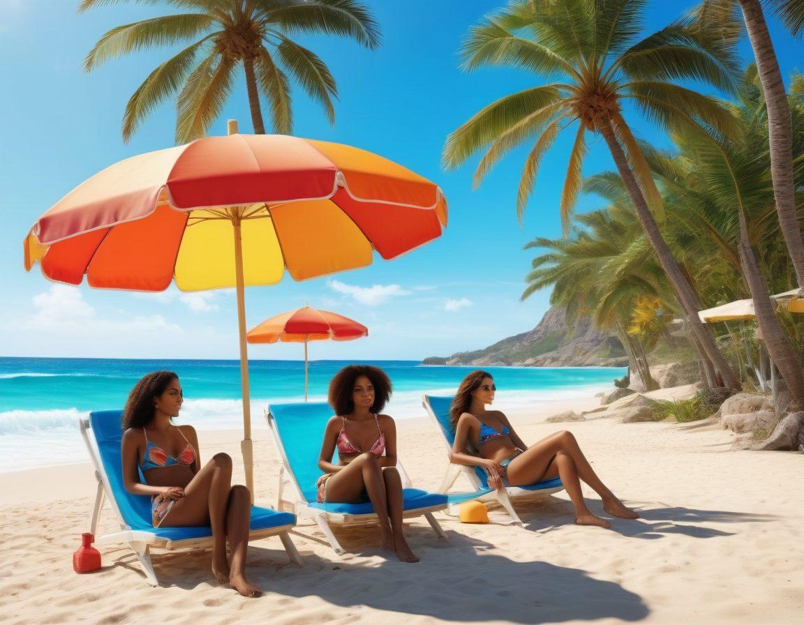 An inviting beach scene featuring a group of diverse models enjoying trendy swimwear rentals, vibrant umbrellas, and stylish beach accessories under the summer sun. In the background, azure waves and palm trees create a tropical atmosphere, while beach chairs and a colorful surfboard enhance the coastal vibe. Capture the essence of summer fun and fashion. super-realistic. vibrant colors. beach landscape.